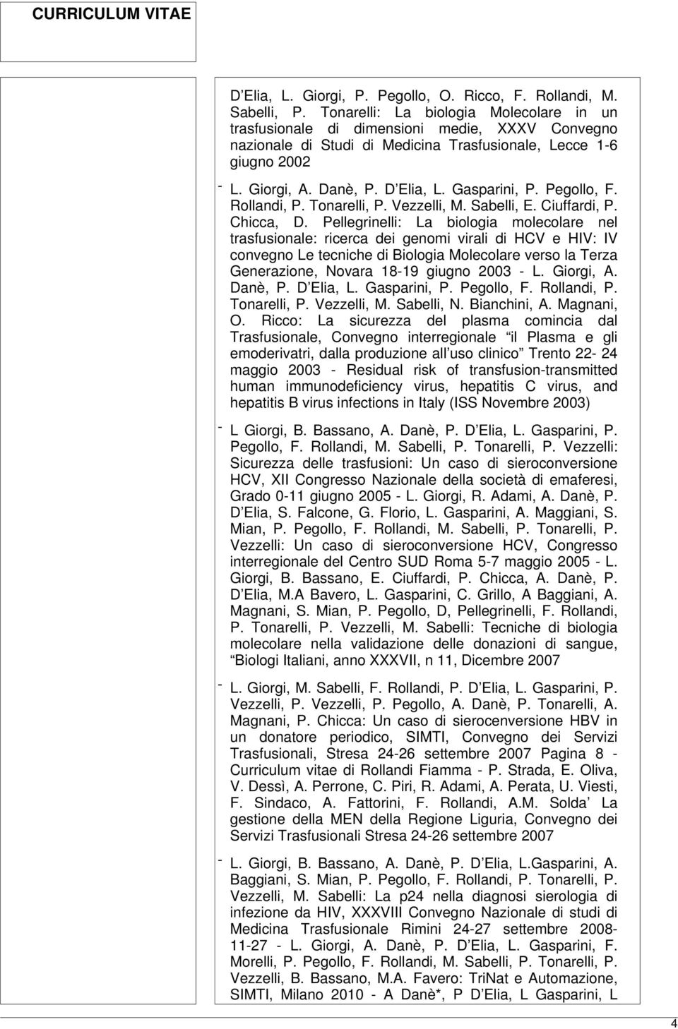 Gasparini, P. Pegollo, F. Rollandi, P. Tonarelli, P. Vezzelli, M. Sabelli, E. Ciuffardi, P. Chicca, D.
