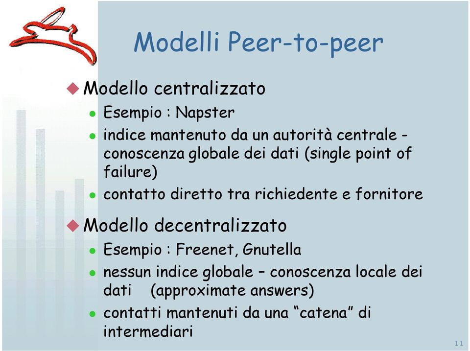 richiedente e fornitore Modello decentralizzato Esempio : Freenet, Gnutella nessun indice