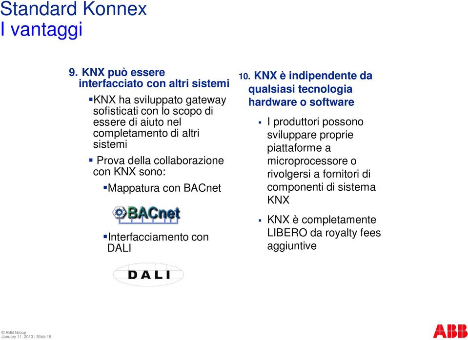 di altri sistemi Prova della collaborazione con KNX sono: Mappatura con BACnet Interfacciamento con DALI 10.