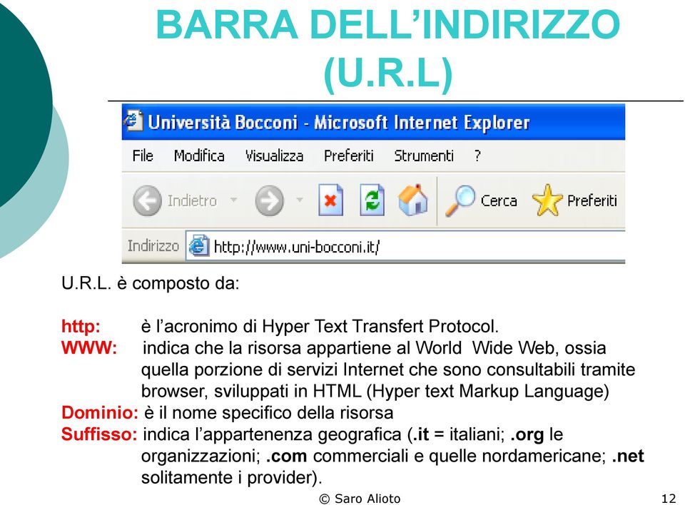 browser, sviluppati in HTML (Hyper text Markup Language) Dominio: è il nome specifico della risorsa Suffisso: indica l