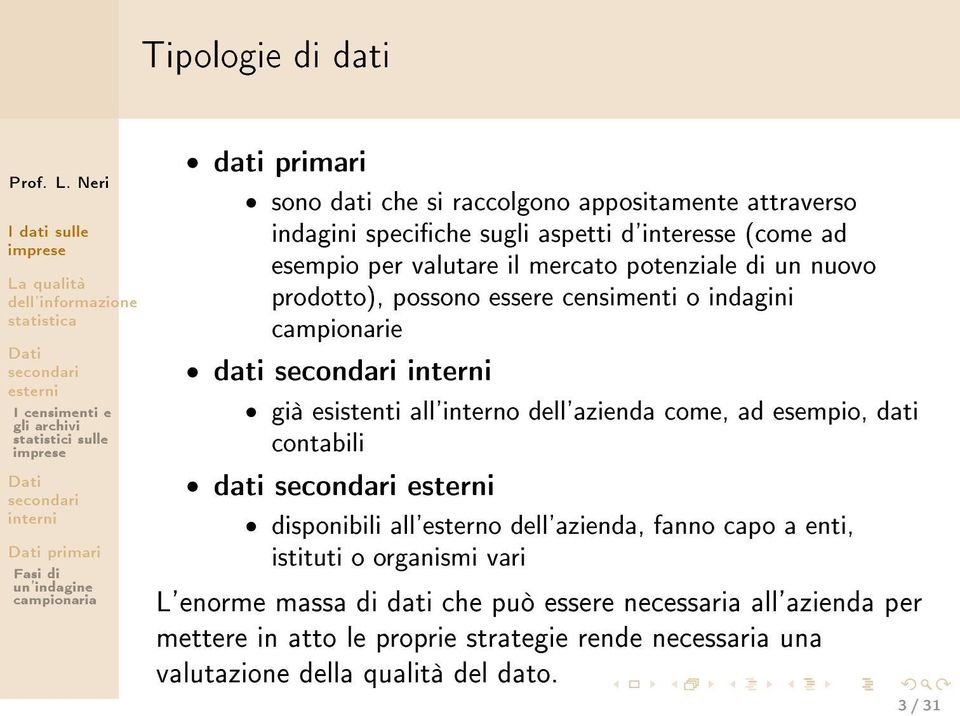 dell'azienda come, ad esempio, dati contabili dati disponibili all'esterno dell'azienda, fanno capo a enti, istituti o organismi vari L'enorme