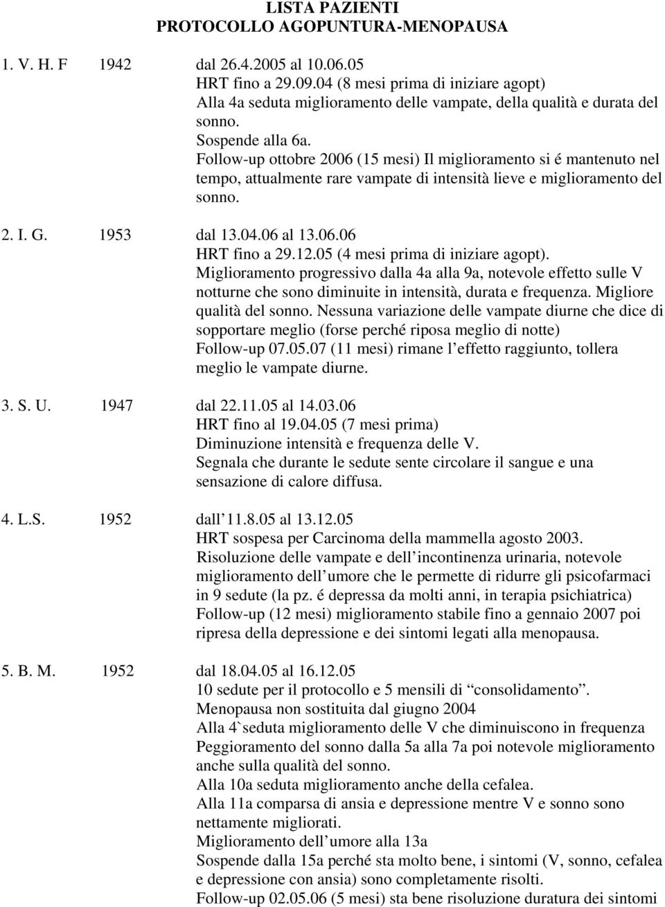 Follow-up ottobre 2006 (15 mesi) Il miglioramento si é mantenuto nel tempo, attualmente rare vampate di intensità lieve e miglioramento del sonno. 2. I. G. 1953 dal 13.04.06 al 13.06.06 HRT fino a 29.