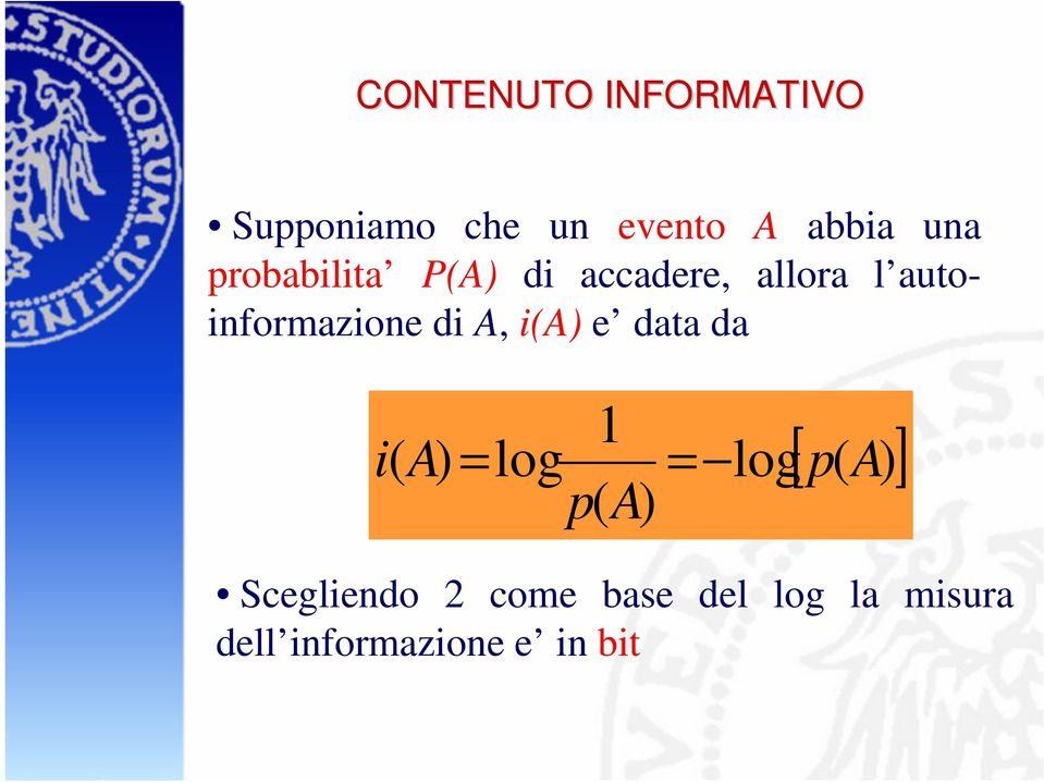 A, i(a) e data da 1 i( A) = log = logp A p( A) [ ( )]