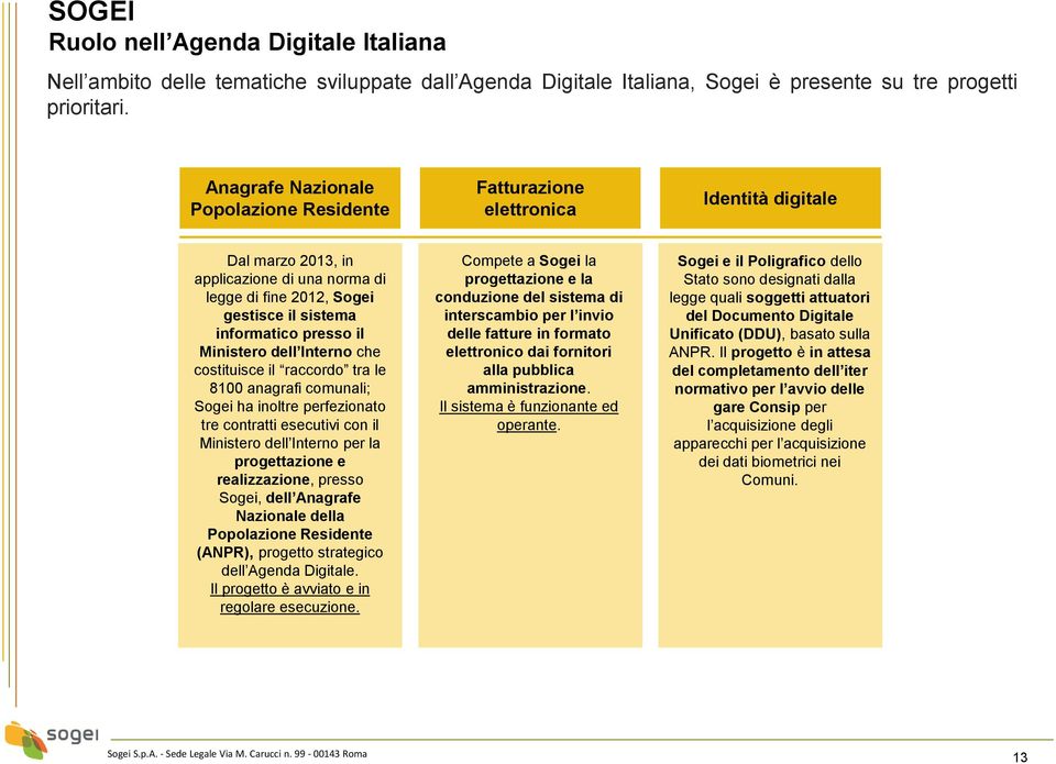 Ministero dell Interno che costituisce il raccordo tra le 8100 anagrafi comunali; Sogei ha inoltre perfezionato tre contratti esecutivi con il Ministero dell Interno per la progettazione e