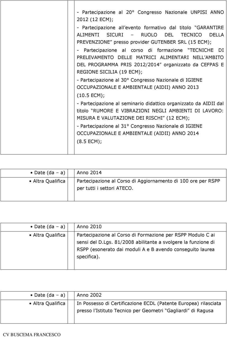 ECM); - Partecipazione al 30 Congresso Nazionale di IGIENE OCCUPAZIONALE E AMBIENTALE (AIDII) ANNO 2013 (10.