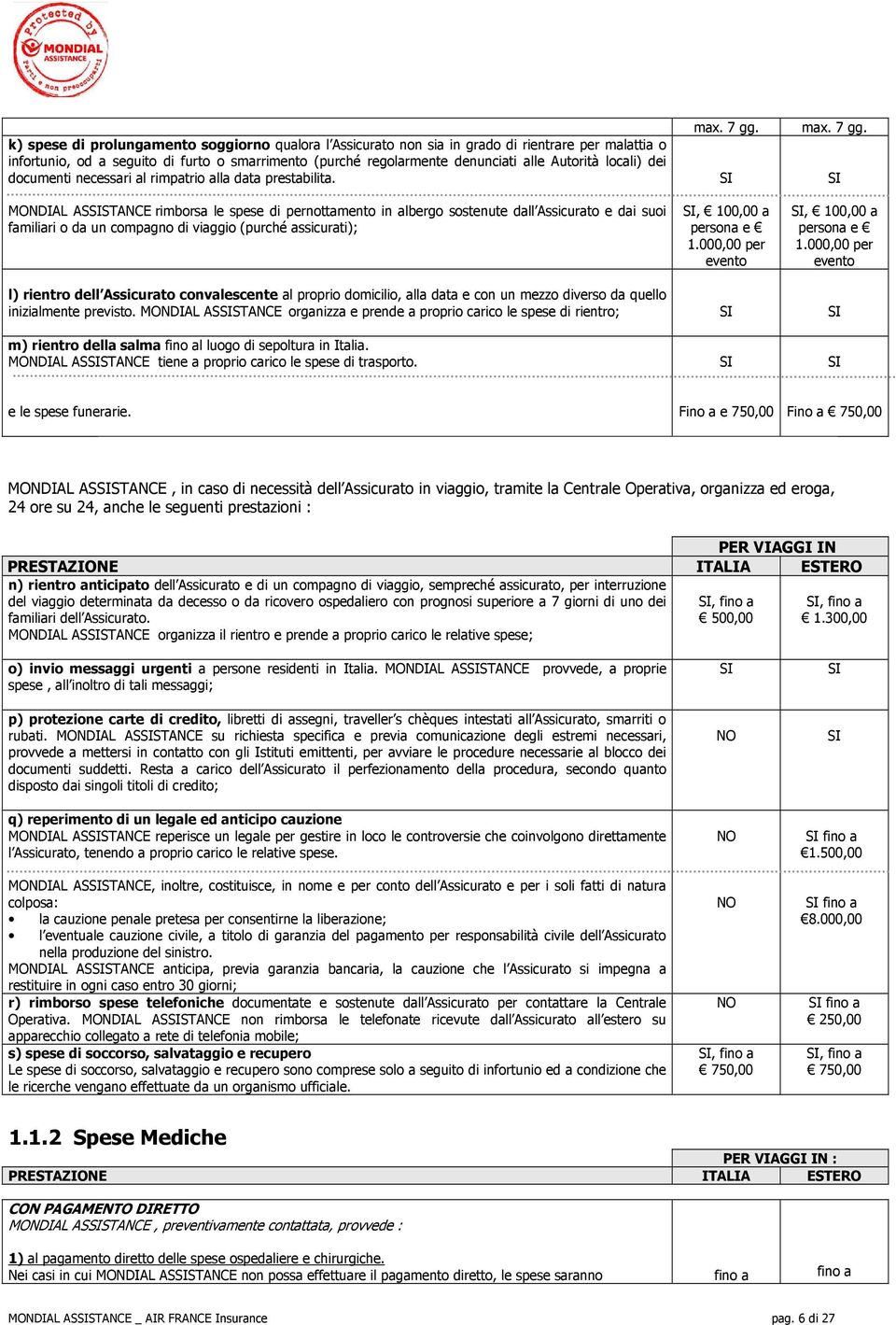 MONDIAL ASSTANCE rimborsa le spese di pernottamento in albergo sostenute dall Assicurato e dai suoi familiari o da un compagno di viaggio (purché assicurati); max. 7 gg., 100,00 a persona e 1.