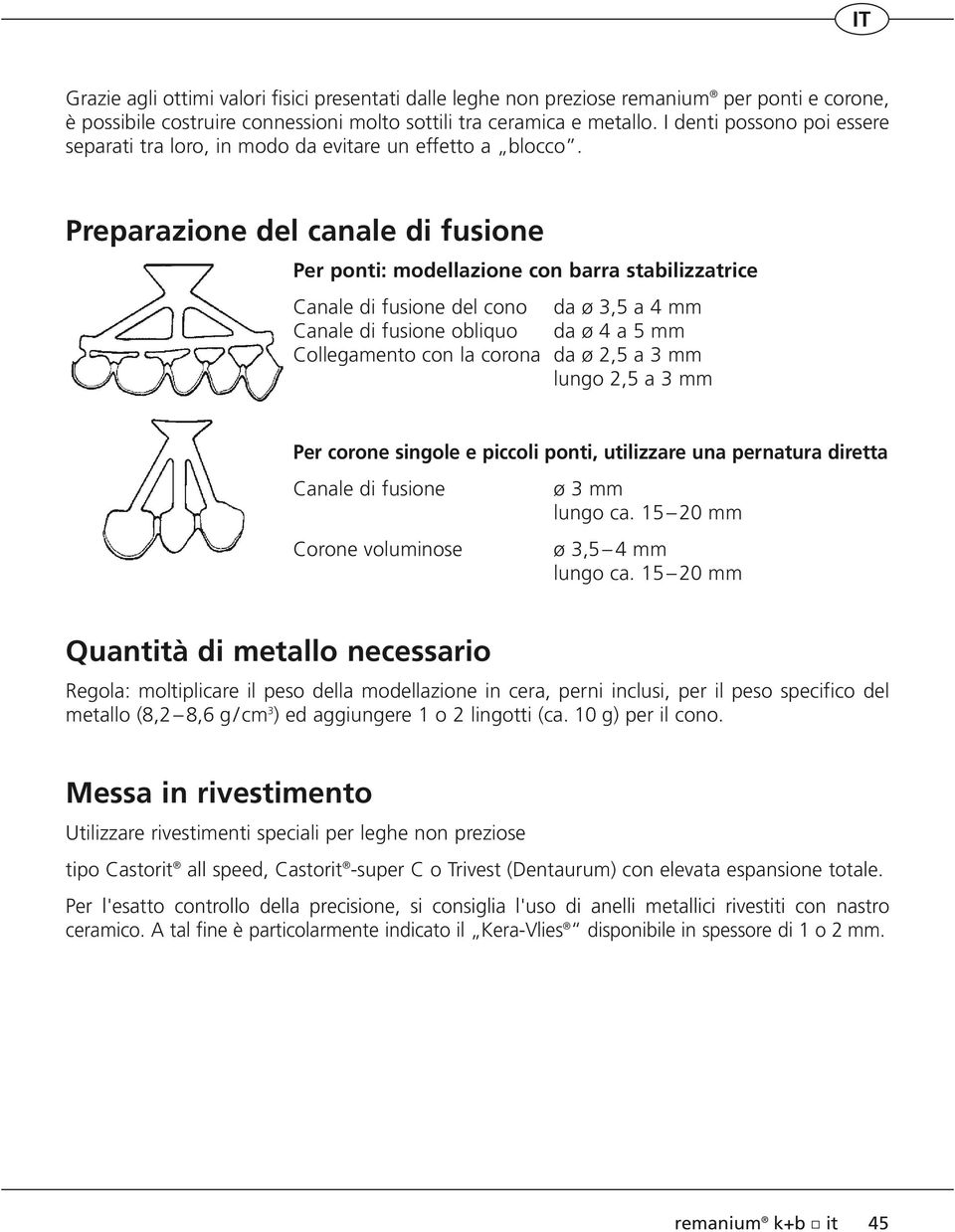 Preparazione del canale di fusione Per ponti: modellazione con barra stabilizzatrice Canale di fusione del cono da ø 3,5 a 4 mm Canale di fusione obliquo da ø 4 a 5 mm Collegamento con la corona da ø