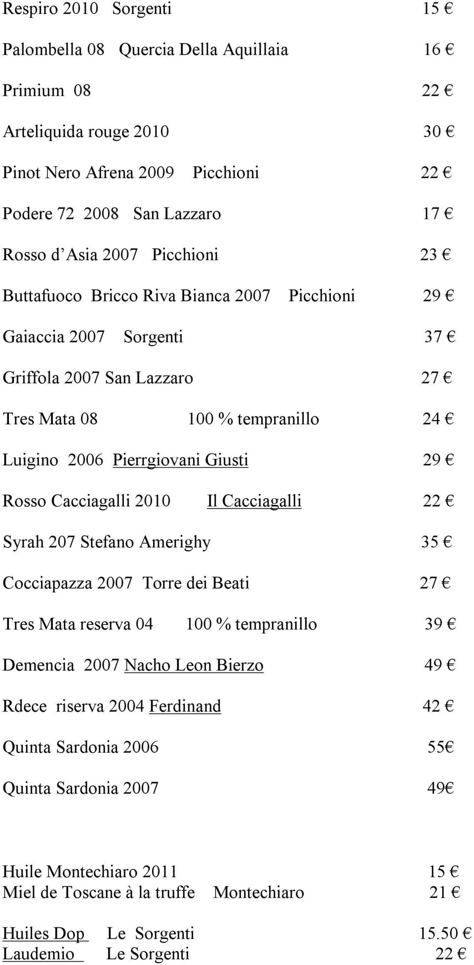 Rosso Cacciagalli 2010 Il Cacciagalli 22 Syrah 207 Stefano Amerighy 35 Cocciapazza 2007 Torre dei Beati 27 Tres Mata reserva 04 100 % tempranillo 39 Demencia 2007 Nacho Leon Bierzo 49 Rdece