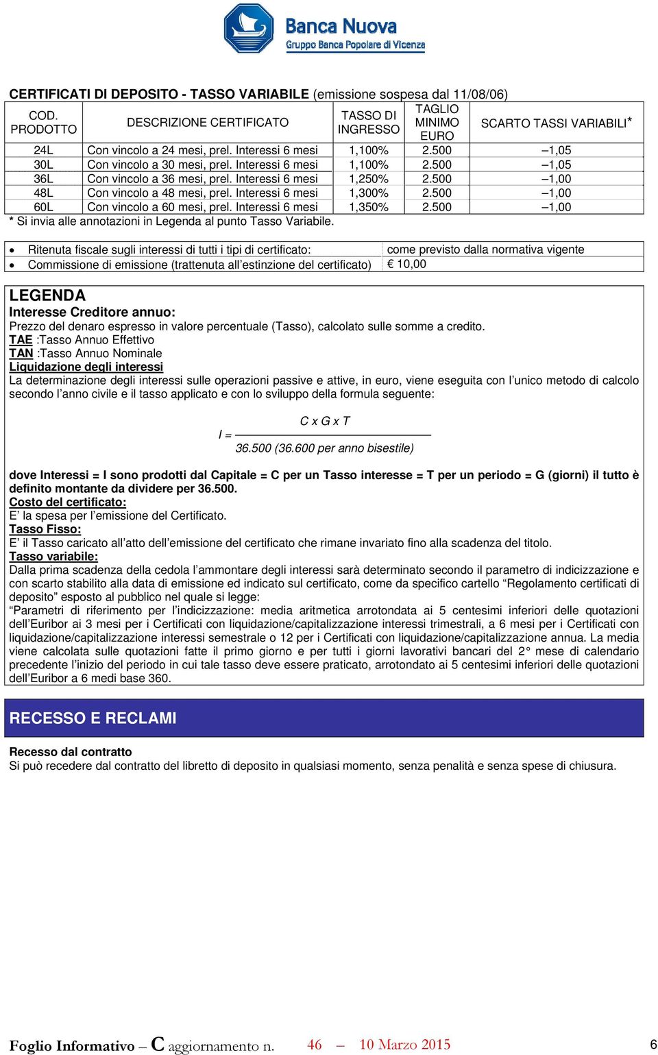 Interessi 6 mesi 1,100% 2.500 1,05 36L Con vincolo a 36 mesi, prel. Interessi 6 mesi 1,250% 2.500 1,00 48L Con vincolo a 48 mesi, prel. Interessi 6 mesi 1,300% 2.