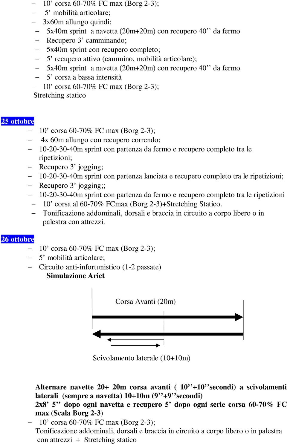 recupero completo tra le ripetizioni; ; 10-20-30-40m sprint con partenza da fermo e recupero completo tra le ripetizioni 10 corsa al 60-70% FCmax (Borg 2-3)+Stretching Statico.