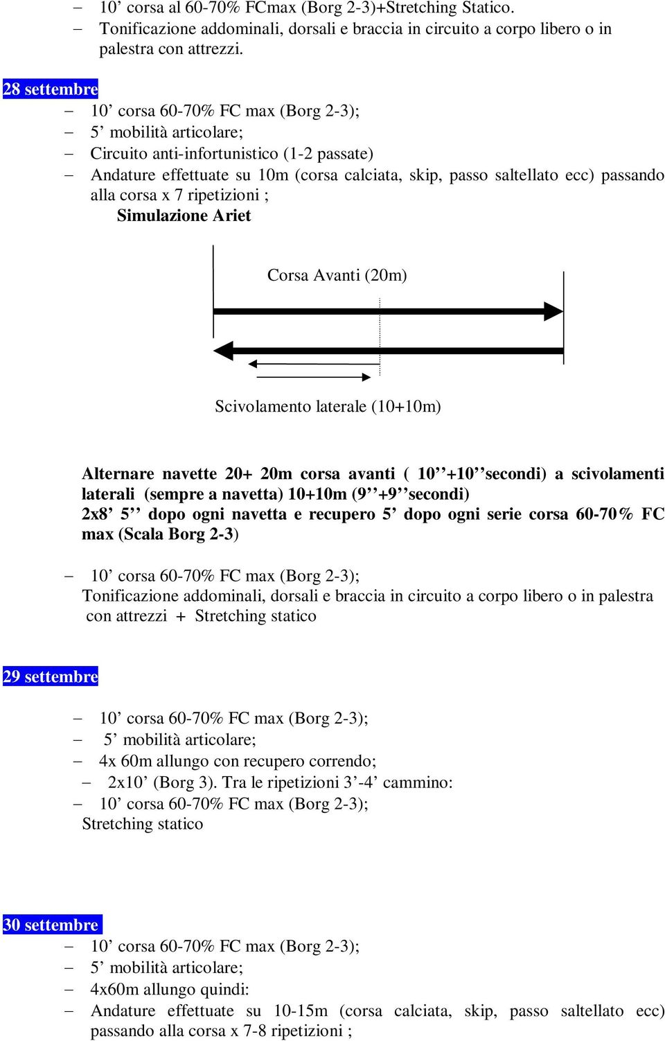 Ariet Corsa Avanti (20m) Scivolamento laterale (10+10m) Alternare navette 20+ 20m corsa avanti ( 10 +10 secondi) a scivolamenti laterali (sempre a navetta) 10+10m (9 +9 secondi)