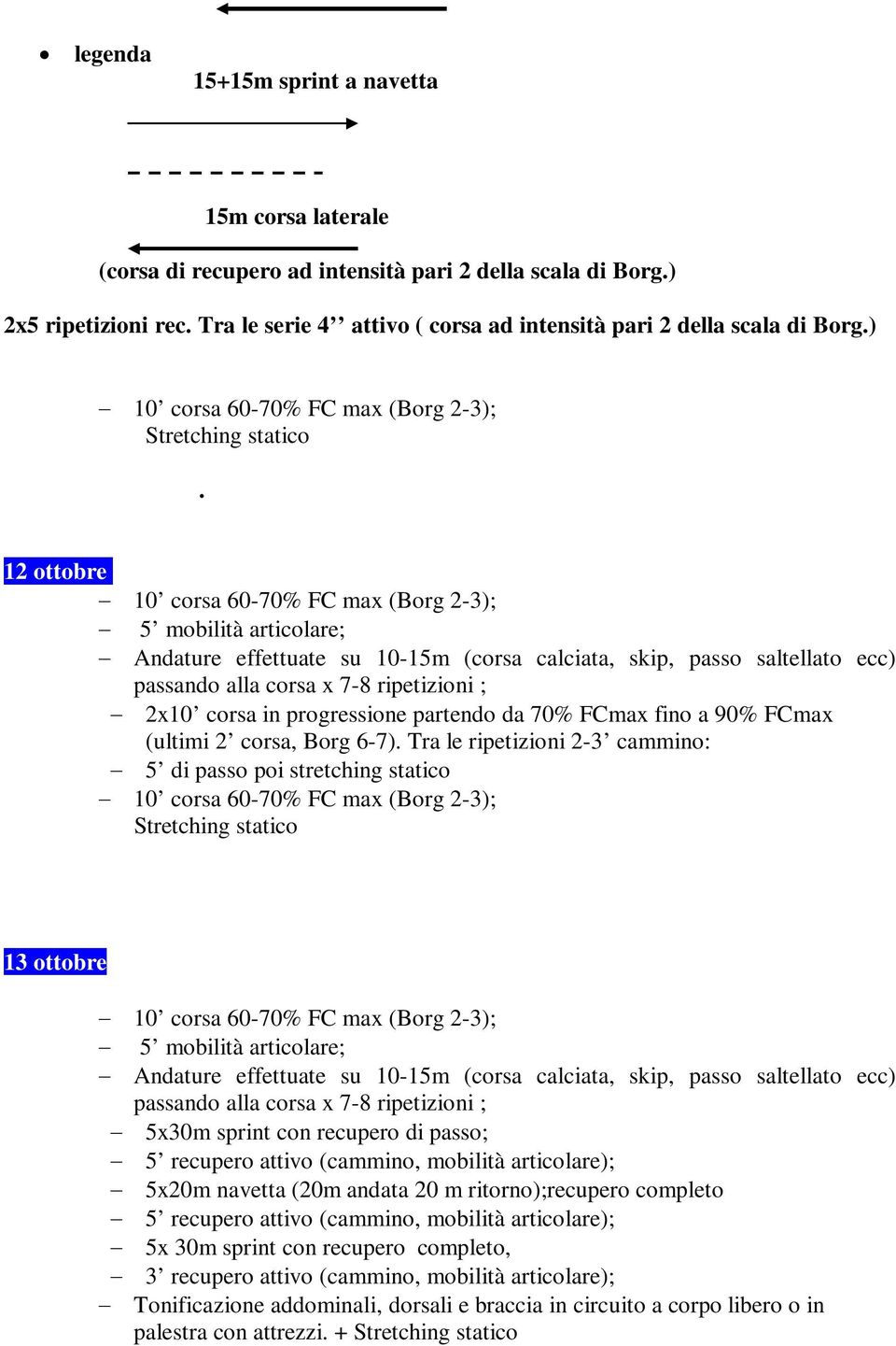 12 ottobre agosto 2x10 corsa in progressione partendo da 70% FCmax fino a 90% FCmax (ultimi 2 corsa, Borg 6-7).