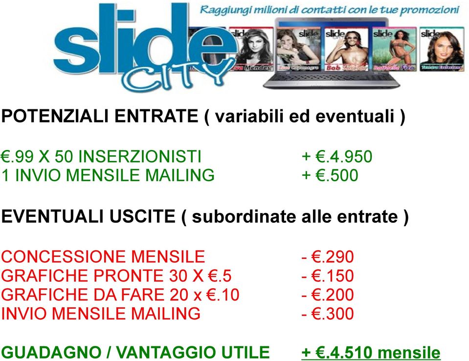 500 EVENTUALI USCITE ( subordinate alle entrate ) CONCESSIONE MENSILE -.