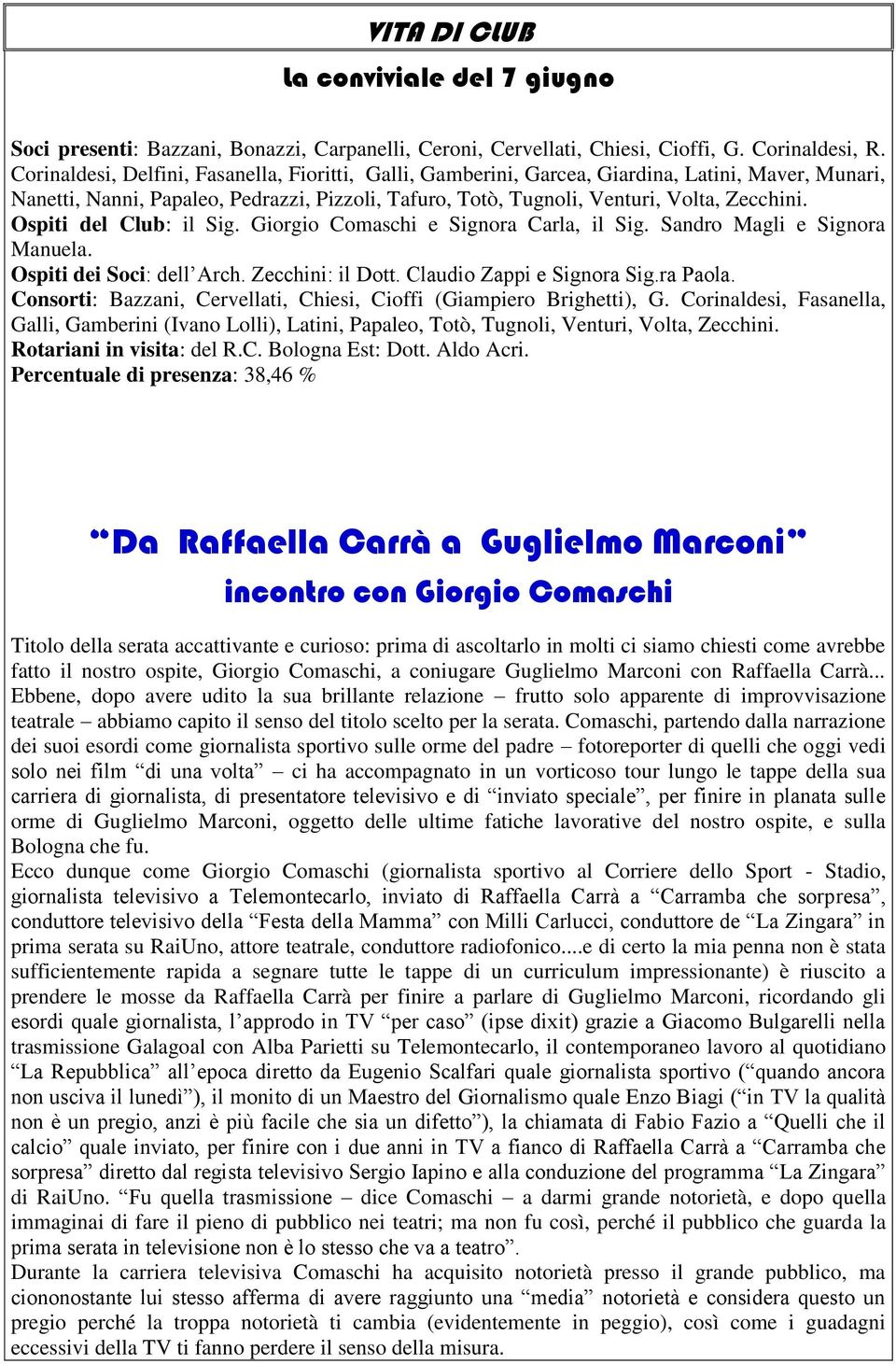 Ospiti del Club: il Sig. Giorgio Comaschi e Signora Carla, il Sig. Sandro Magli e Signora Manuela. Ospiti dei Soci: dell Arch. Zecchini: il Dott. Claudio Zappi e Signora Sig.ra Paola.