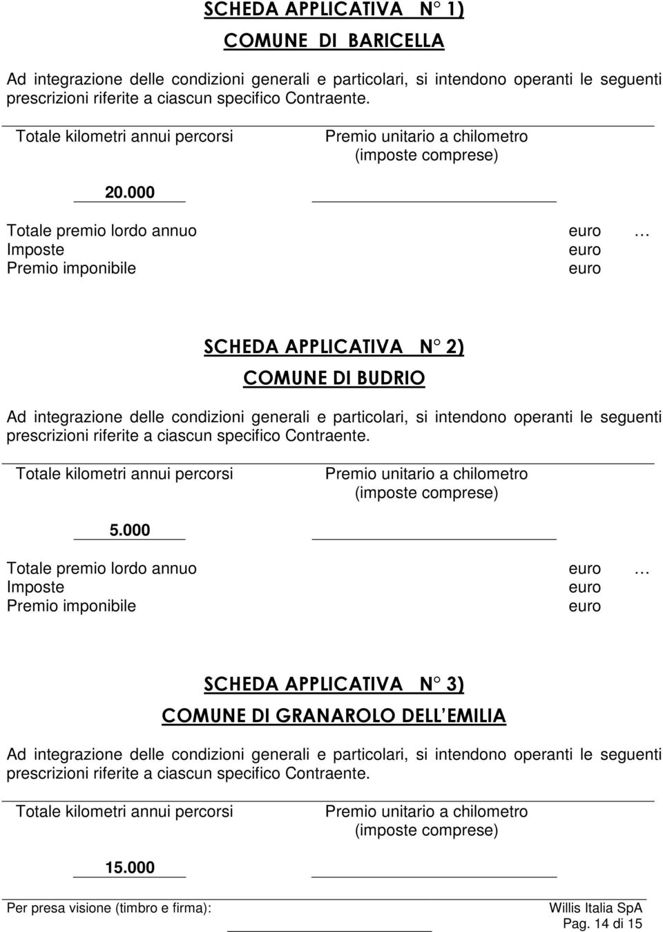 000 Totale premio lordo annuo Imposte Premio imponibile SCHEDA APPLICATIVA N 2) COMUNE DI BUDRIO Ad integrazione delle condizioni generali e particolari, si intendono operanti le seguenti