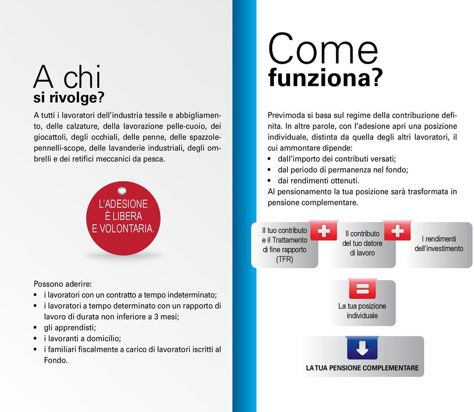 lavanderie industriali, degli ombrelli e dei retifici meccanici da pesca. L adesione è libera e volontaria. Come funziona? Previmoda si basa sul regime della contribuzione definita.
