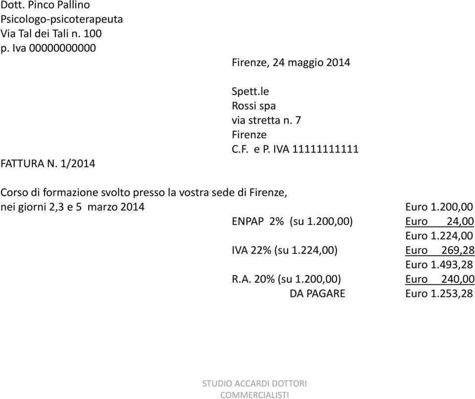 IVA 11111111111 Corso di formazione svolto presso la vostra sede di Firenze, nei giorni 2,3 e 5 marzo 2014 Euro 1.