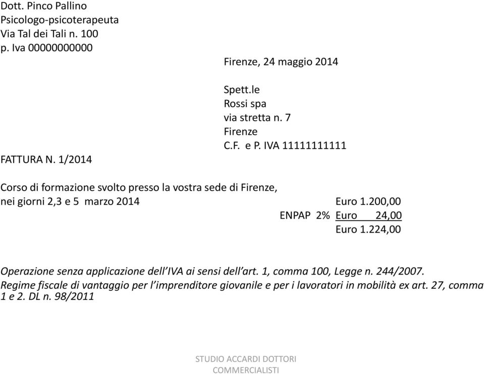 IVA 11111111111 Corso di formazione svolto presso la vostra sede di Firenze, nei giorni 2,3 e 5 marzo 2014 Euro 1.