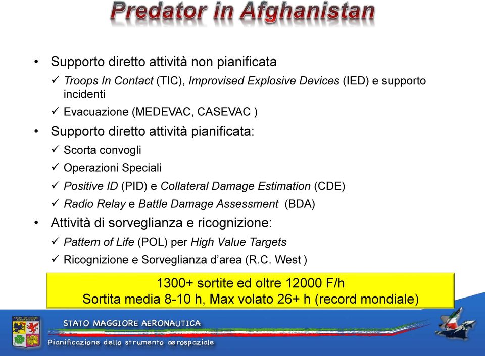 Estimation (CDE) Radio Relay e Battle Damage Assessment (BDA) Attività di sorveglianza e ricognizione: Pattern of Life (POL) per High