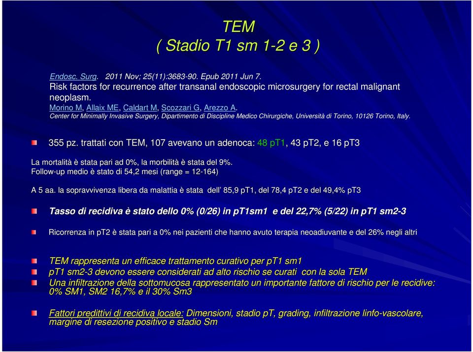 . trattati con TEM, 107 avevano un adenoca: 48 pt1,, 43 pt2, e 16 pt3 La mortalità è stata pari ad 0%, la morbilità è stata del 9%. Follow-up medio è stato di 54,2 mesi (range( = 12-164) 164) A 5 aa.