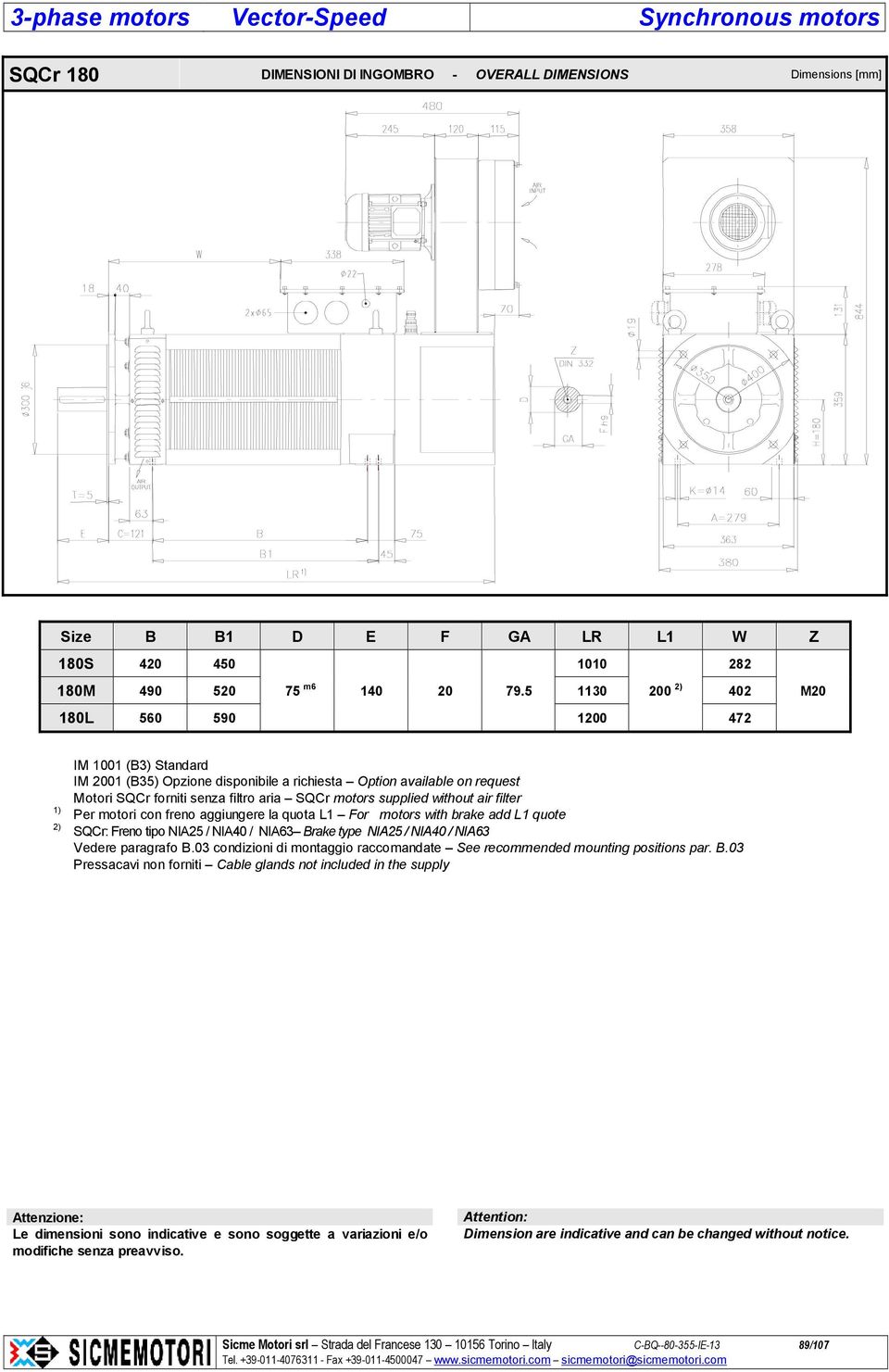 L1 For motors with brake add L1 quote SQCr: Freno tipo NIA25 / NIA40 / NIA63 Brake type NIA25 / NIA40 / NIA63 Vedere paragrafo B.