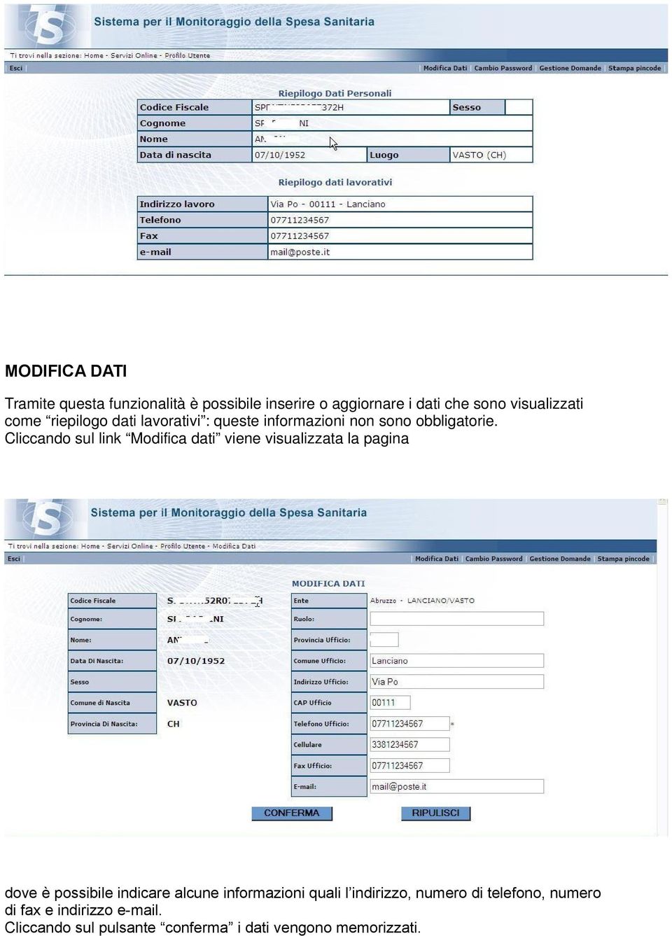 Cliccando sul link Modifica dati viene visualizzata la pagina dove è possibile indicare alcune