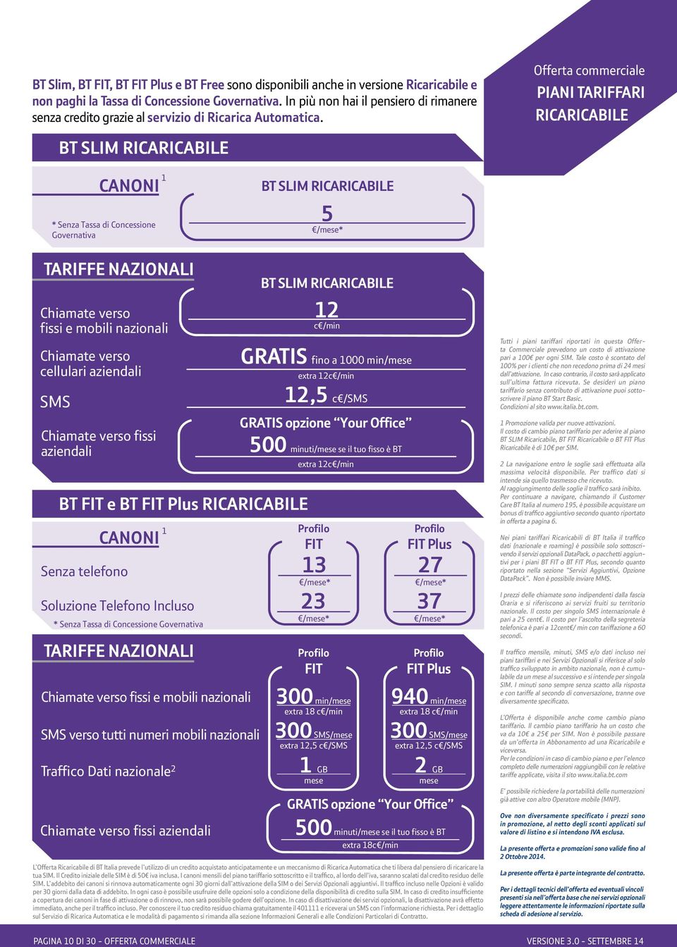 Offerta commerciale PIANI TARIFFARI RICARICABILE BT SLIM RICARICABILE CANONI * Senza Tassa di Concessione Governativa 1 BT SLIM RICARICABILE 5 * TARIFFE NAZIONALI Chiamate verso fissi e mobili