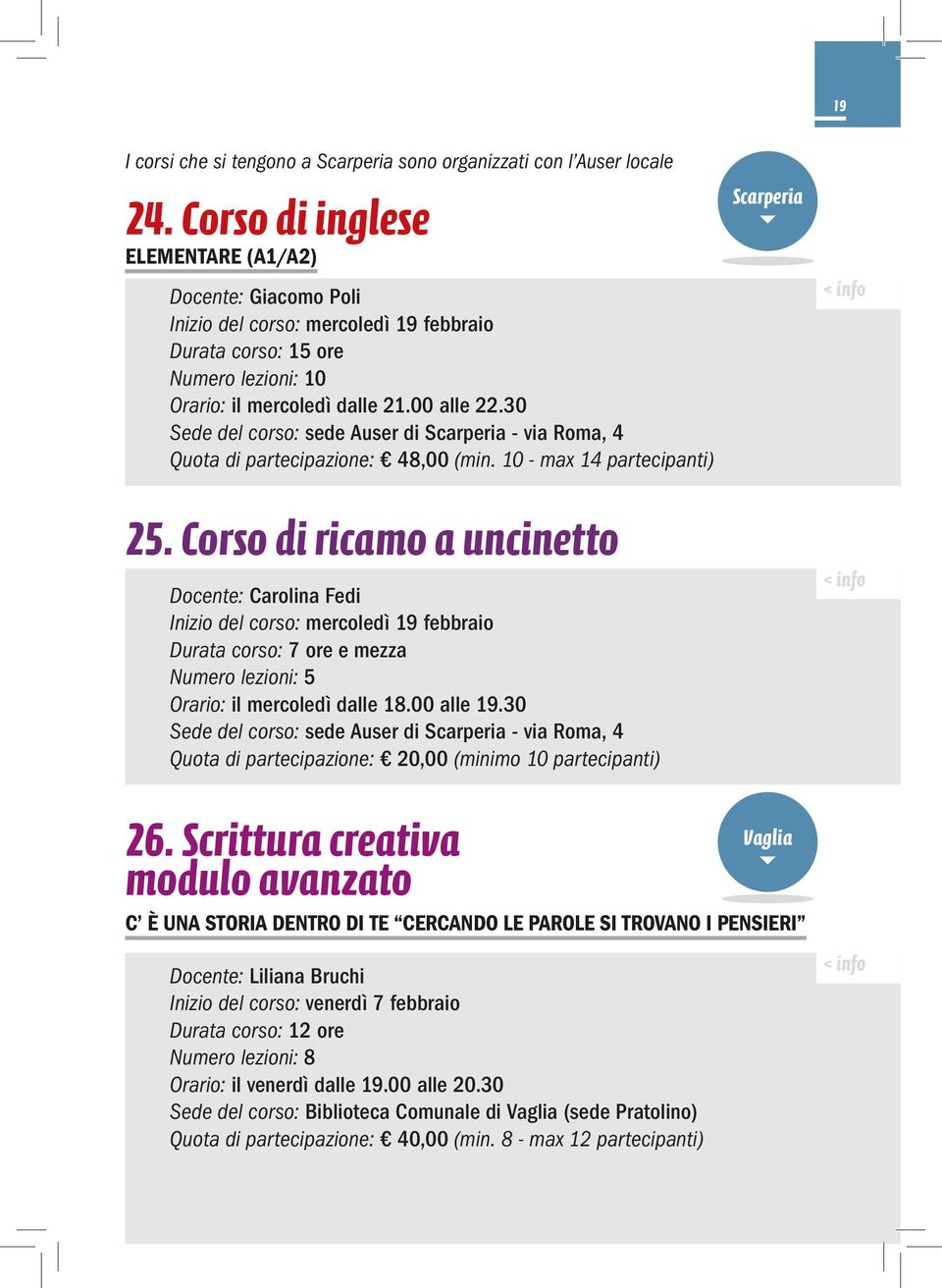 30 Sede del corso: sede Auser di Scarperia - via Roma, 4 Quota di partecipazione: 48,00 (min. 10 - max 14 partecipanti) 25.