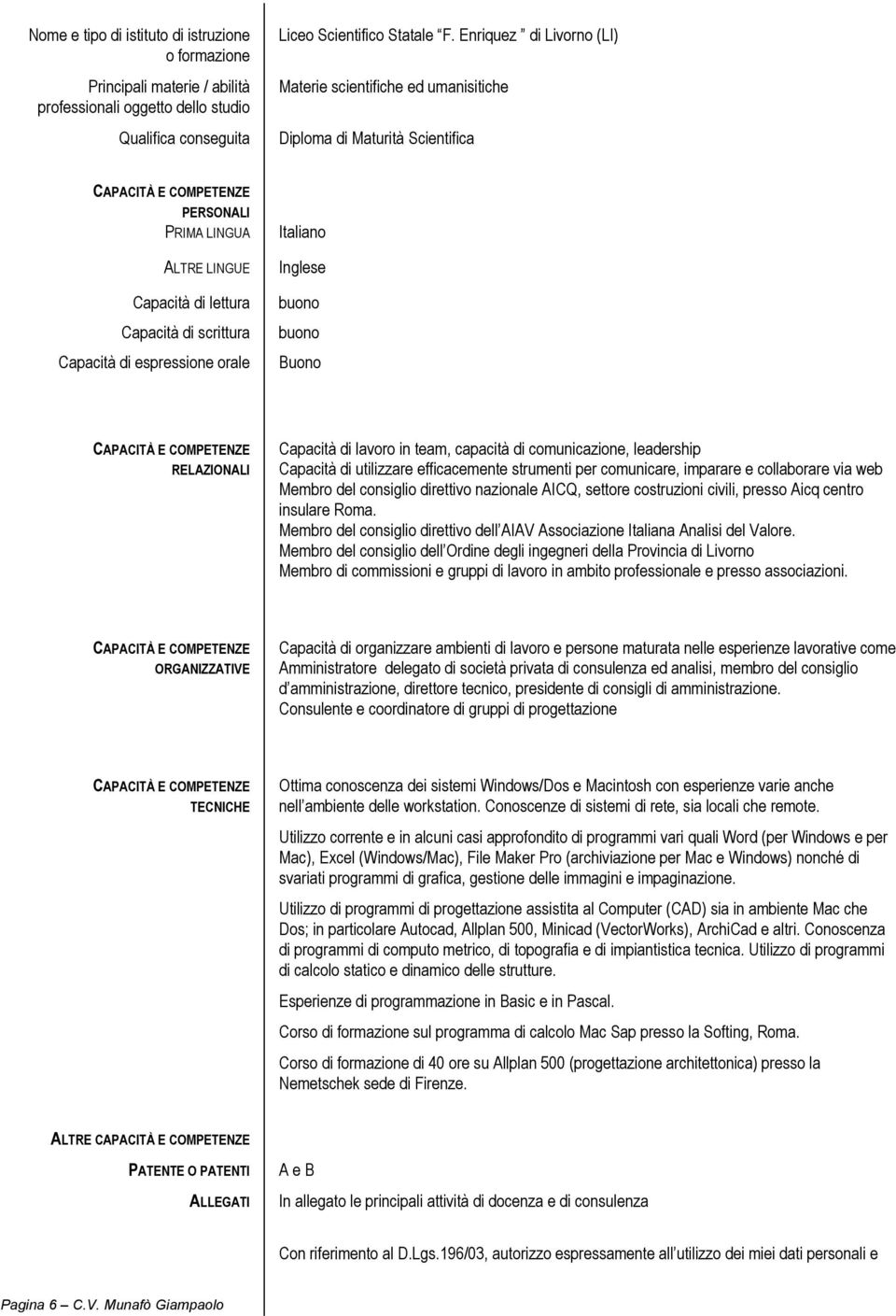 Capacità di espressione orale Italiano Inglese buono buono Buono CAPACITÀ E COMPETENZE RELAZIONALI Capacità di lavoro in team, capacità di comunicazione, leadership Capacità di utilizzare