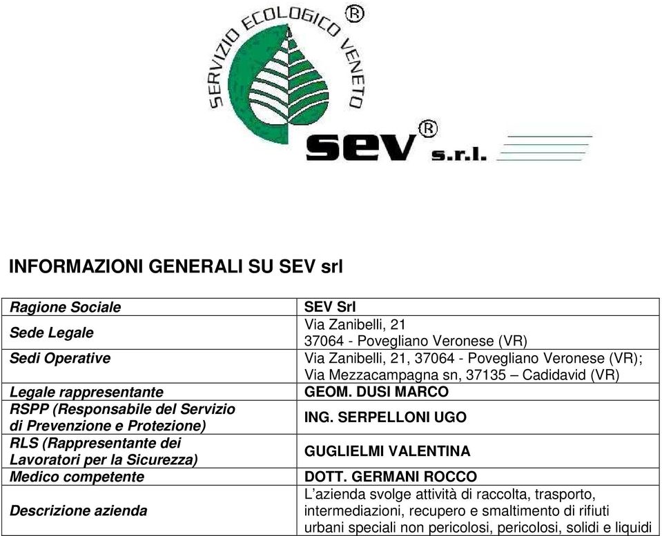Zanibelli, 21, 37064 - Povegliano Veronese (VR); Via Mezzacampagna sn, 37135 Cadidavid (VR) GEOM. DUSI MARCO ING. SERPELLONI UGO GUGLIELMI VALENTINA DOTT.