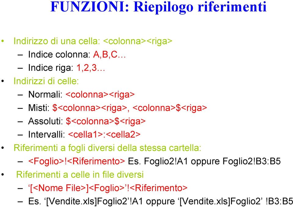 <cella1>:<cella2> Riferimenti a fogli diversi della stessa cartella: <Foglio>!<Riferimento> Es. Foglio2!A1 oppure Foglio2!