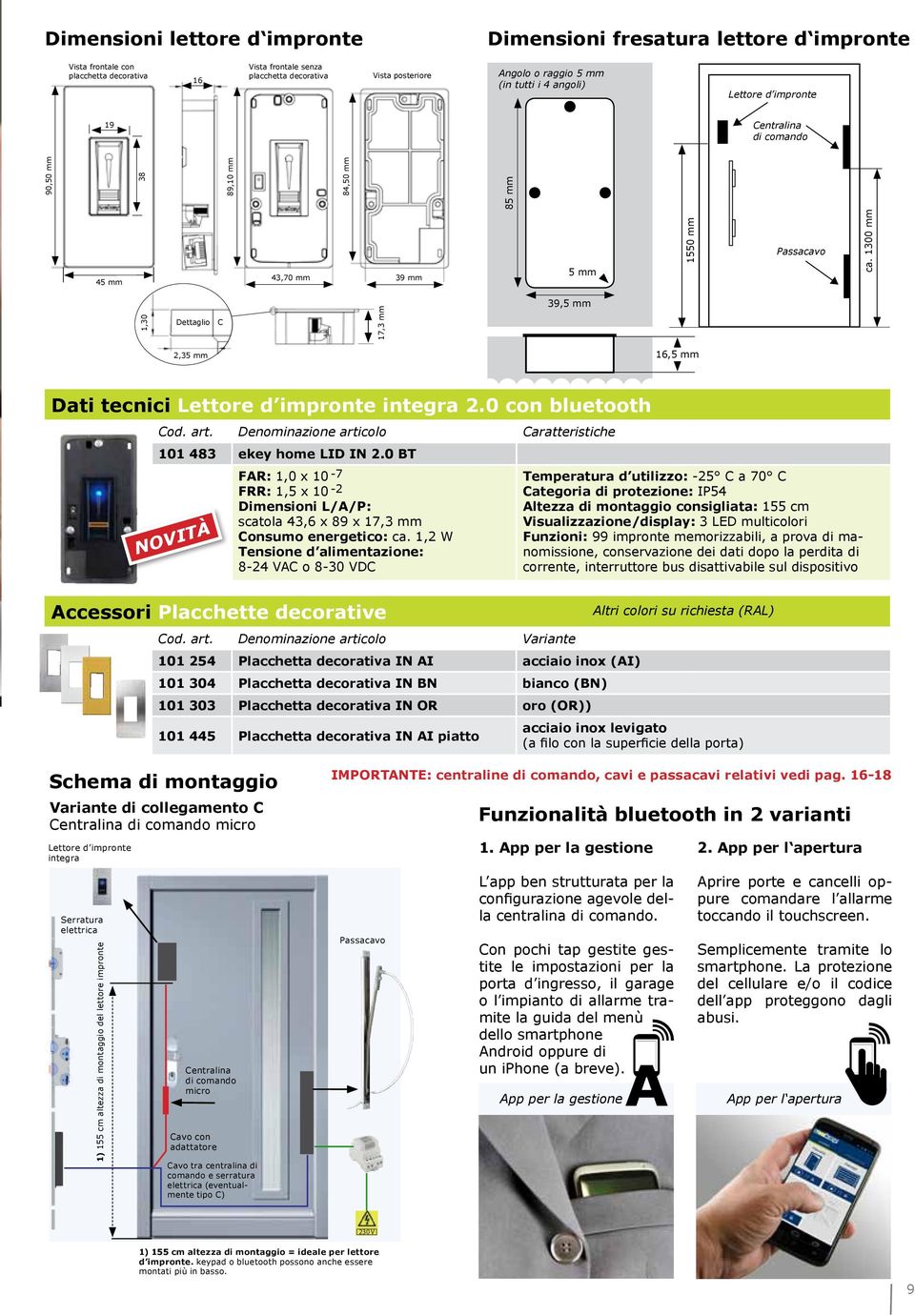 0 con bluetooth Cod. art. Denominazione articolo Caratteristiche 101 483 ekey home LID IN 2.0 BT FAR: 1,0 x 10-7 FRR: 1,5 x 10-2 Dimensioni L/A/P: scatola 43,6 x 89 x 17,3 mm Consumo energetico: ca.