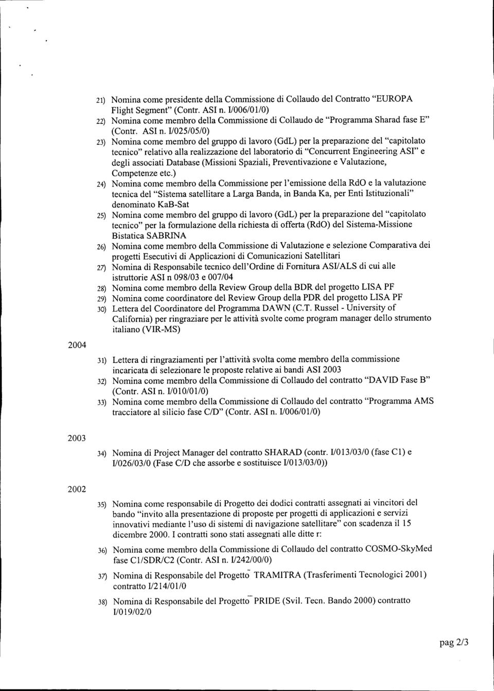 II025/05/0) 23) Nomina come membro del gruppo di lavoro (GdL) per la preparazione del "capitolato tecnico" relativo alla realizzazione del laboratorio di "Concurrent Engineering ASI" e degli