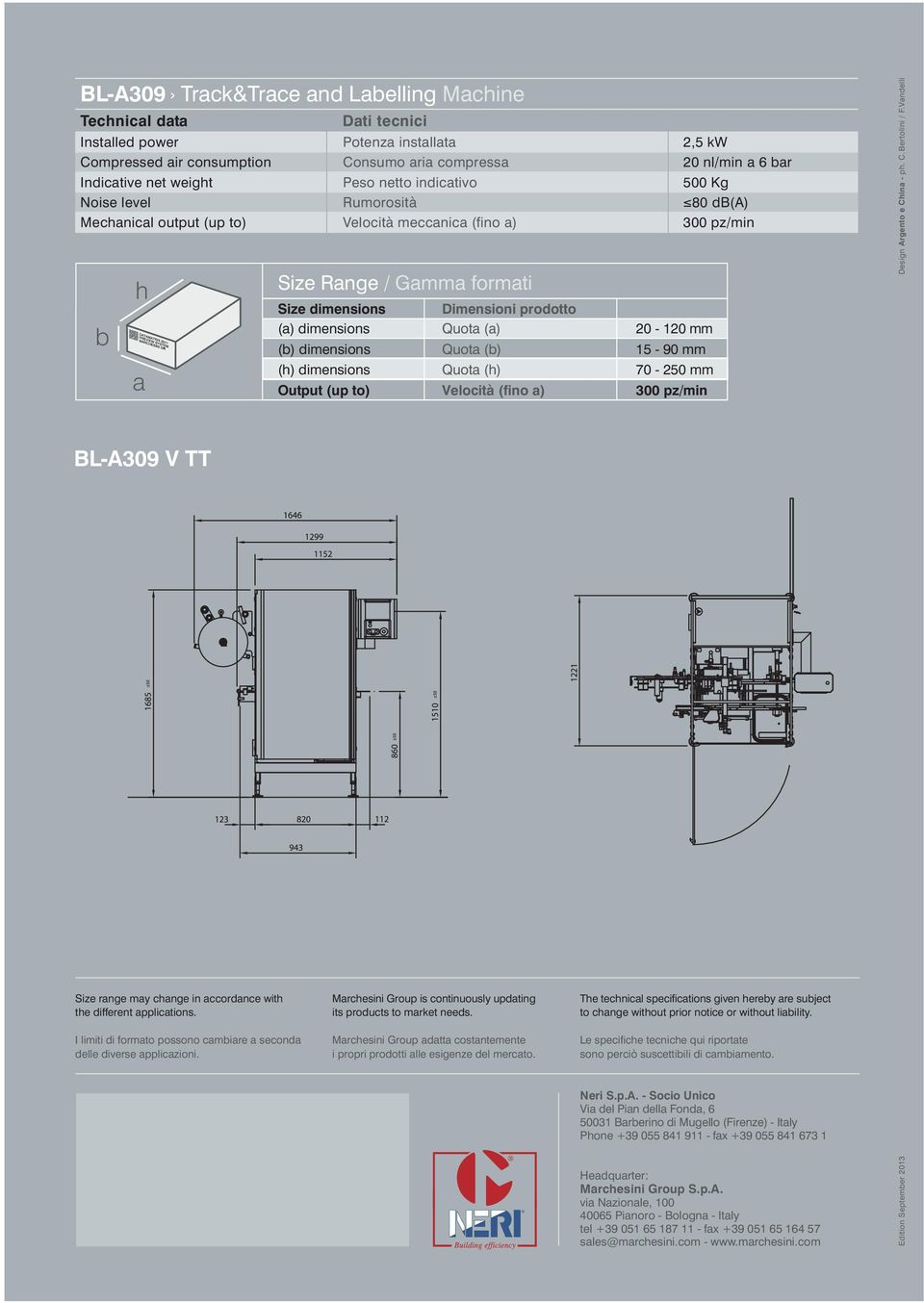 prodotto (a) dimensions Quota (a) 20-120 mm (b) dimensions Quota (b) 15-90 mm (h) dimensions Quota (h) 70-250 mm Output (up to) Velocità (fino a) 300 pz/min Design Argento e China - ph. C. Bertolini / F.