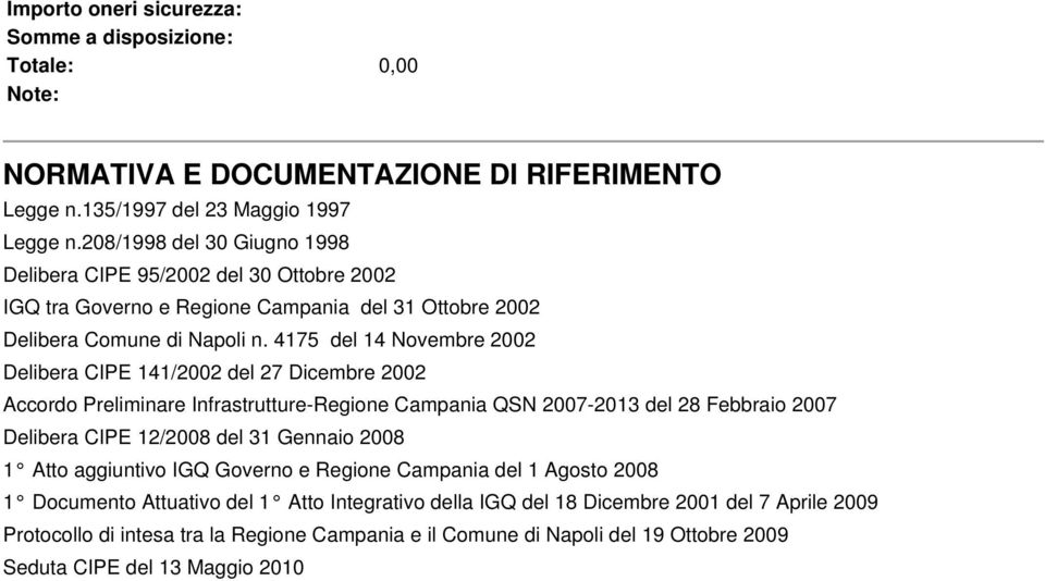 4175 del 14 Novembre 2002 Delibera CIPE 141/2002 del 27 Dicembre 2002 Accordo Preliminare Infrastrutture-Regione Campania QSN 2007-2013 del 28 Febbraio 2007 Delibera CIPE 12/2008 del 31 Gennaio