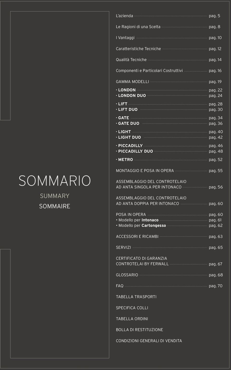 INTONACO POSA IN OPERA Modello per Intonaco Modello per Cartongesso ACCESSORI E RICAMBI SERVIZI CERTIFICATO DI GARANZIA CONTROTELAI BY FERWALL GLOSSARIO FAQ TABELLA TRASPORTI pag. 5 pag. 8 pag.