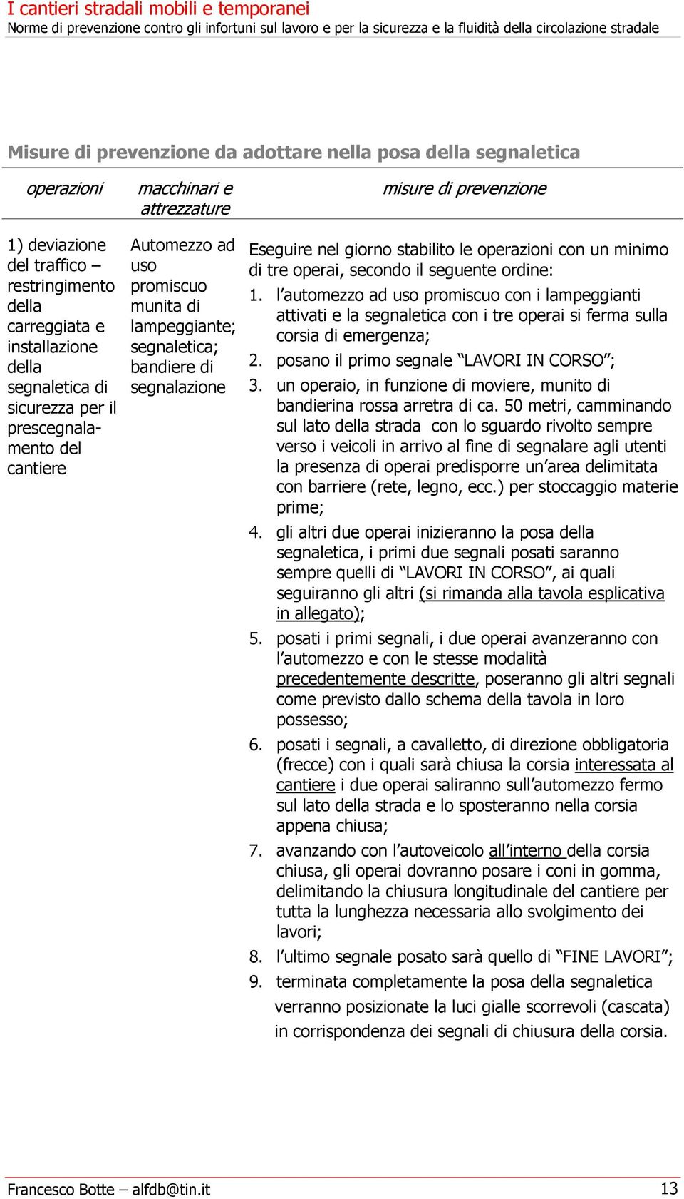 operazioni con un minimo di tre operai, secondo il seguente ordine: 1. l automezzo ad uso promiscuo con i lampeggianti attivati e la segnaletica con i tre operai si ferma sulla corsia di emergenza; 2.