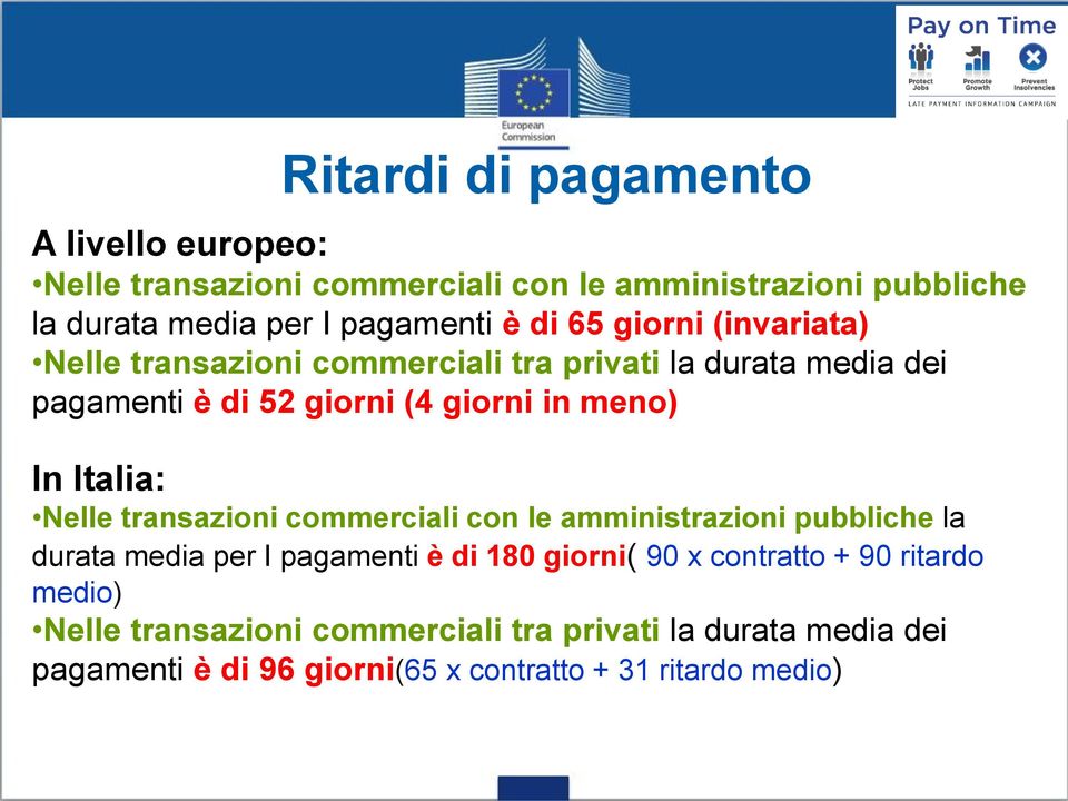 Italia: Nelle transazioni commerciali con le amministrazioni pubbliche la durata media per I pagamenti è di 180 giorni( 90 x contratto +