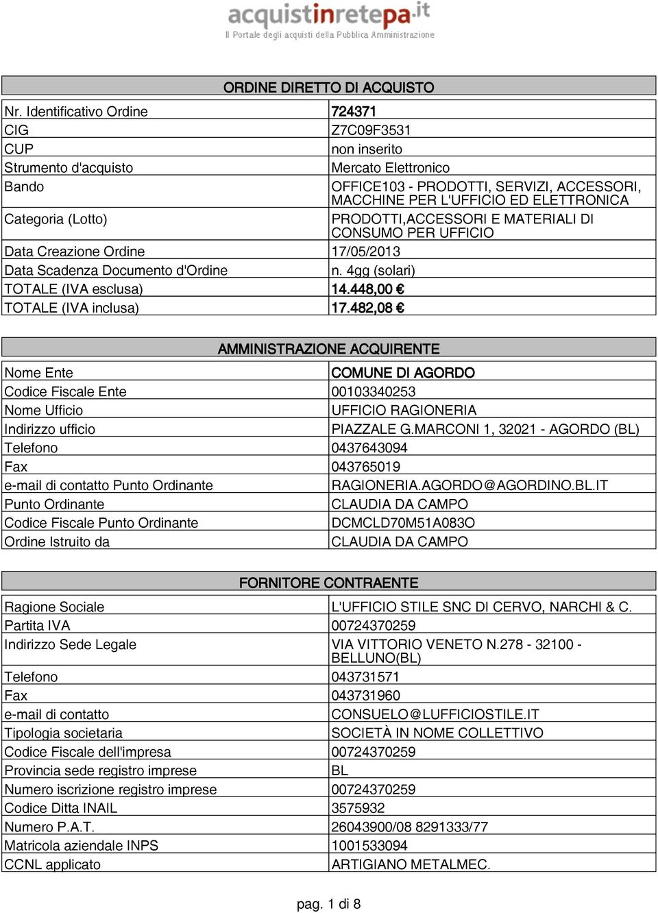 (Lotto) PRODOTTI,ACCESSORI E MATERIALI DI CONSUMO PER UFFICIO Data Creazione Ordine 17/05/2013 Data Scadenza Documento d'ordine n. 4gg (solari) TOTALE (IVA esclusa) 14.448,00 TOTALE (IVA inclusa) 17.