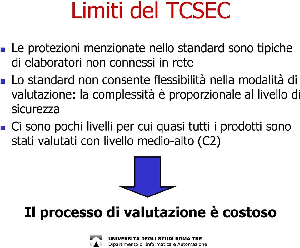 complessità è proporzionale al livello di sicurezza Ci sono pochi livelli per cui quasi