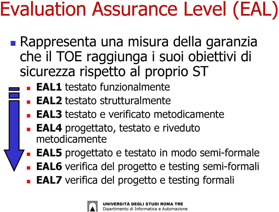 verificato metodicamente EAL4 progettato, testato e riveduto metodicamente EAL5 progettato e testato in modo