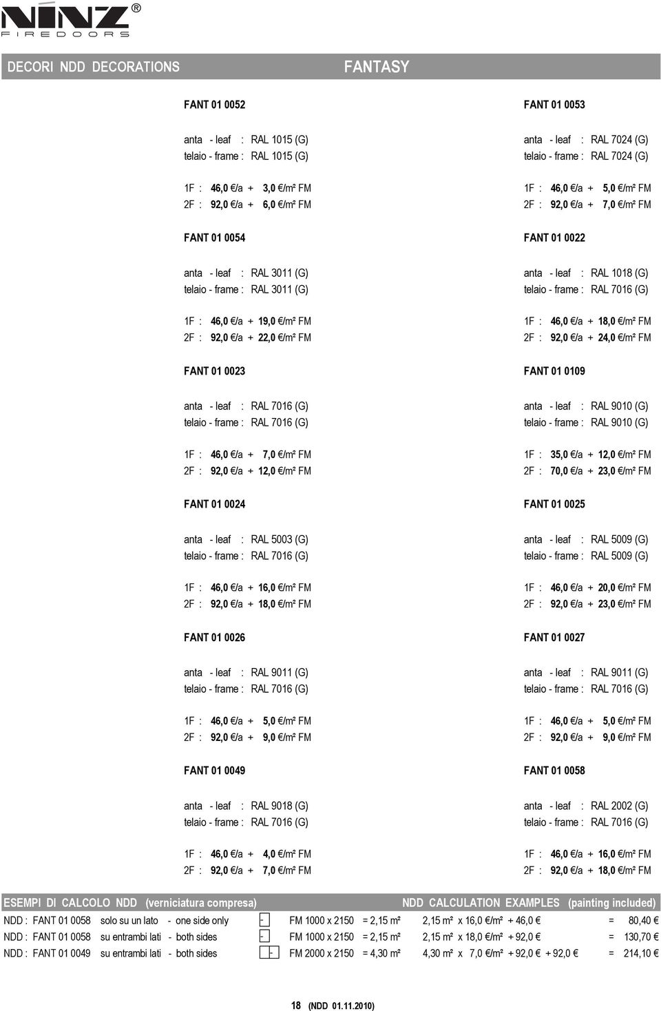 46,0 /a + 19,0 /m² FM 1F : 46,0 /a + 18,0 /m² FM 2F : 92,0 /a + 22,0 /m² FM 2F : 92,0 /a + 24,0 /m² FM FANT 01 0023 FANT 01 0109 anta - leaf : RAL 7016 (G) anta - leaf : RAL 9010 (G) telaio - frame :