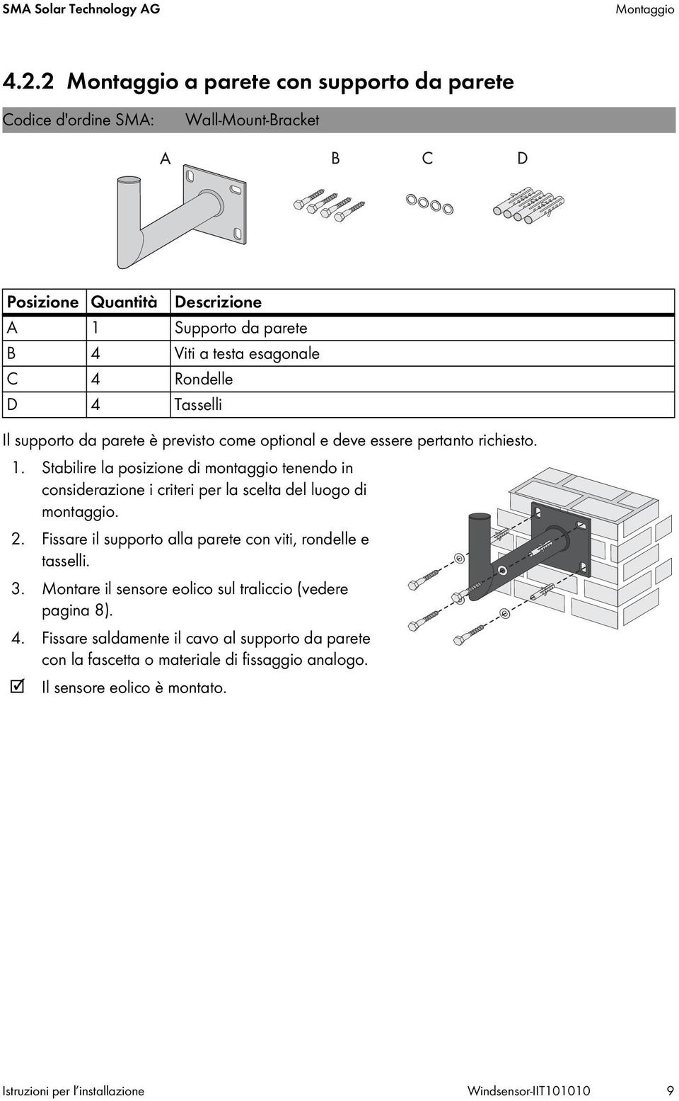 Tasselli Il supporto da parete è previsto come optional e deve essere pertanto richiesto. 1.