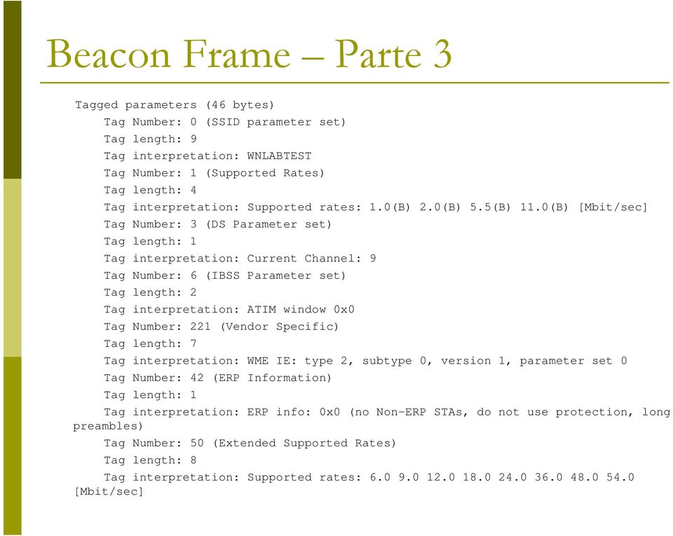 0(B) [Mbit/sec] Tag Number: 3 (DS Parameter set) Tag length: 1 Tag interpretation: Current Channel: 9 Tag Number: 6 (IBSS Parameter set) Tag length: 2 Tag interpretation: ATIM window 0x0 Tag Number: