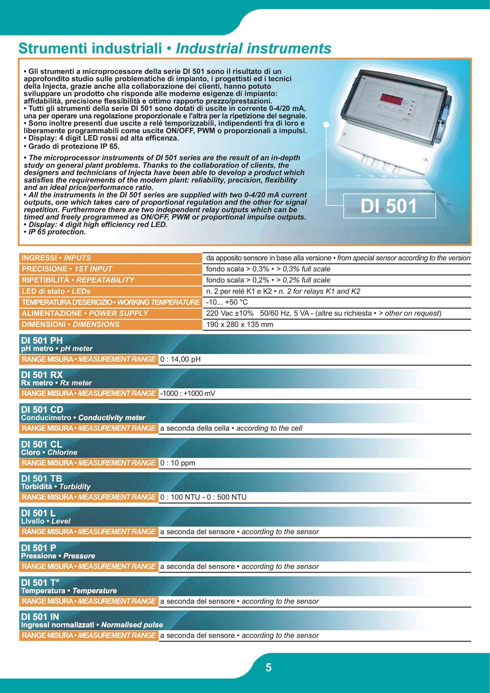 rapporto prezzo/prestazioni. Tutti gli strumenti della serie DI 501 sono dotati di uscite in corrente 0-4/20 ma, una per operare una regolazione proporzionale e l'altra per la ripetizione del segnale.