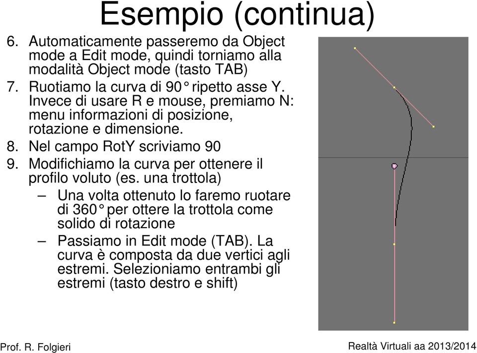 Nel campo RotY scriviamo 90 9. Modifichiamo la curva per ottenere il profilo voluto (es.