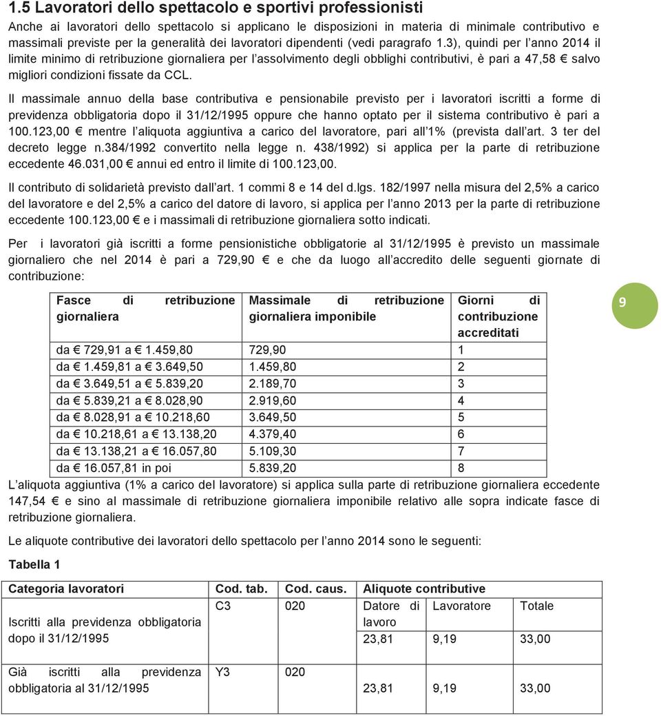 3), quindi per l anno 2014 il limite minimo di retribuzione giornaliera per l assolvimento degli obblighi contributivi, è pari a 47,58 salvo migliori condizioni fissate da CCL.