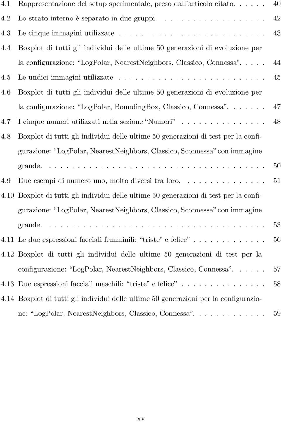 6 Boxplot di tutti gli individui delle ultime 50 generazioni di evoluzione per la configurazione: LogPolar, BoundingBox, Classico, Connessa....... 47 4.