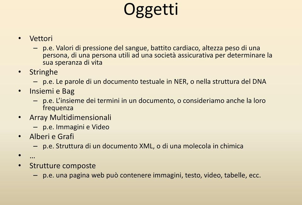 e. L insieme dei termini in un documento, o consideriamo anche la loro frequenza Array Multidimensionali p.e. Immagini e Video Alberi e Grafi p.e. Struttura di un documento XML, o di una molecola in chimica Strutture composte p.