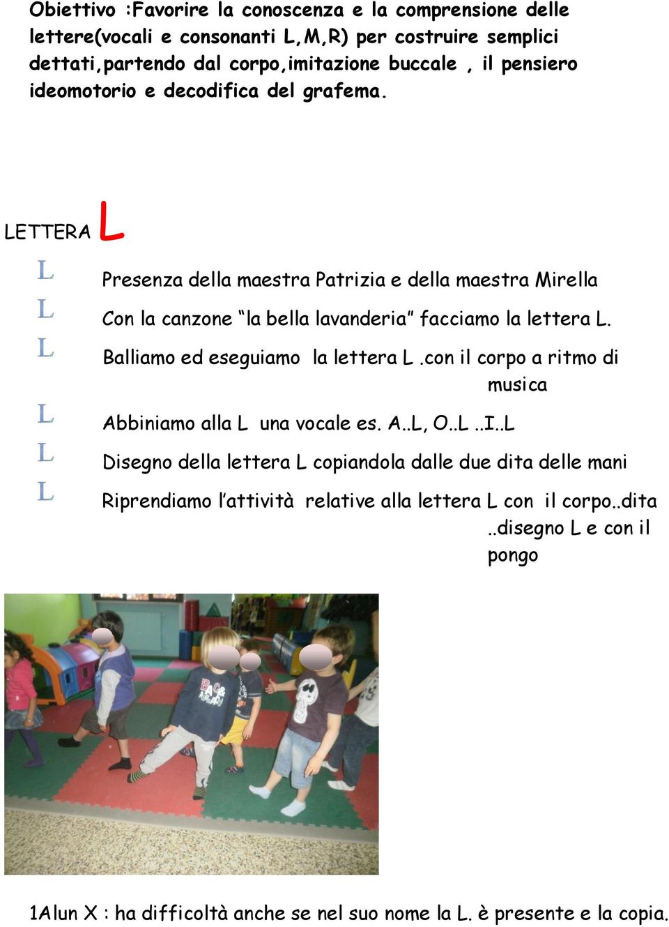 Balliamo ed eseguiamo la lettera L.con il corpo a ritmo di musica Abbiniamo alla L una vocale es. A..L, O..L..I.